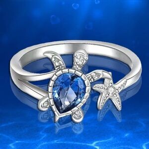 1pc Adjustable Ocean-Inspired Cute Turtle Ring with Blue Gemstone